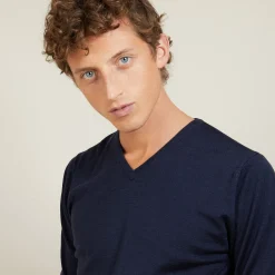 Montagut Pulls-Pull col V en laine et soie - Basil 05-Bleu marine