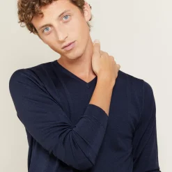 Montagut Pulls-Pull col V en laine et soie - Basil 05-Bleu marine