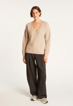 Montagut Pulls-Pull col V en laine mérinos - Soizic 13-Beige moyen