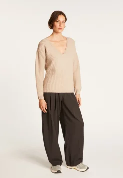 Montagut Pulls-Pull col V en laine mérinos - Soizic 13-Beige moyen