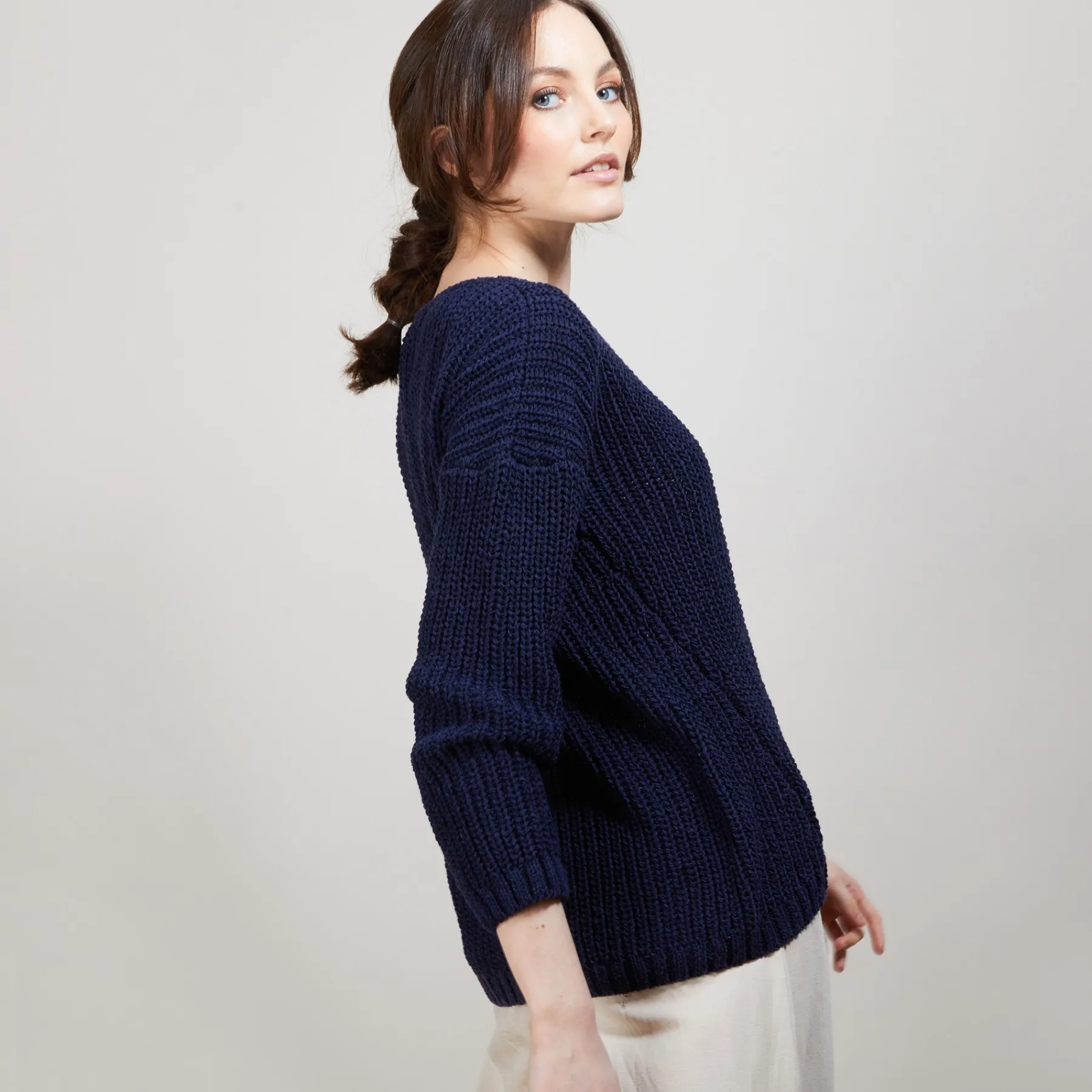 Montagut Pulls-Pull col V en maille côtelée - Bulle 05-Bleu marine