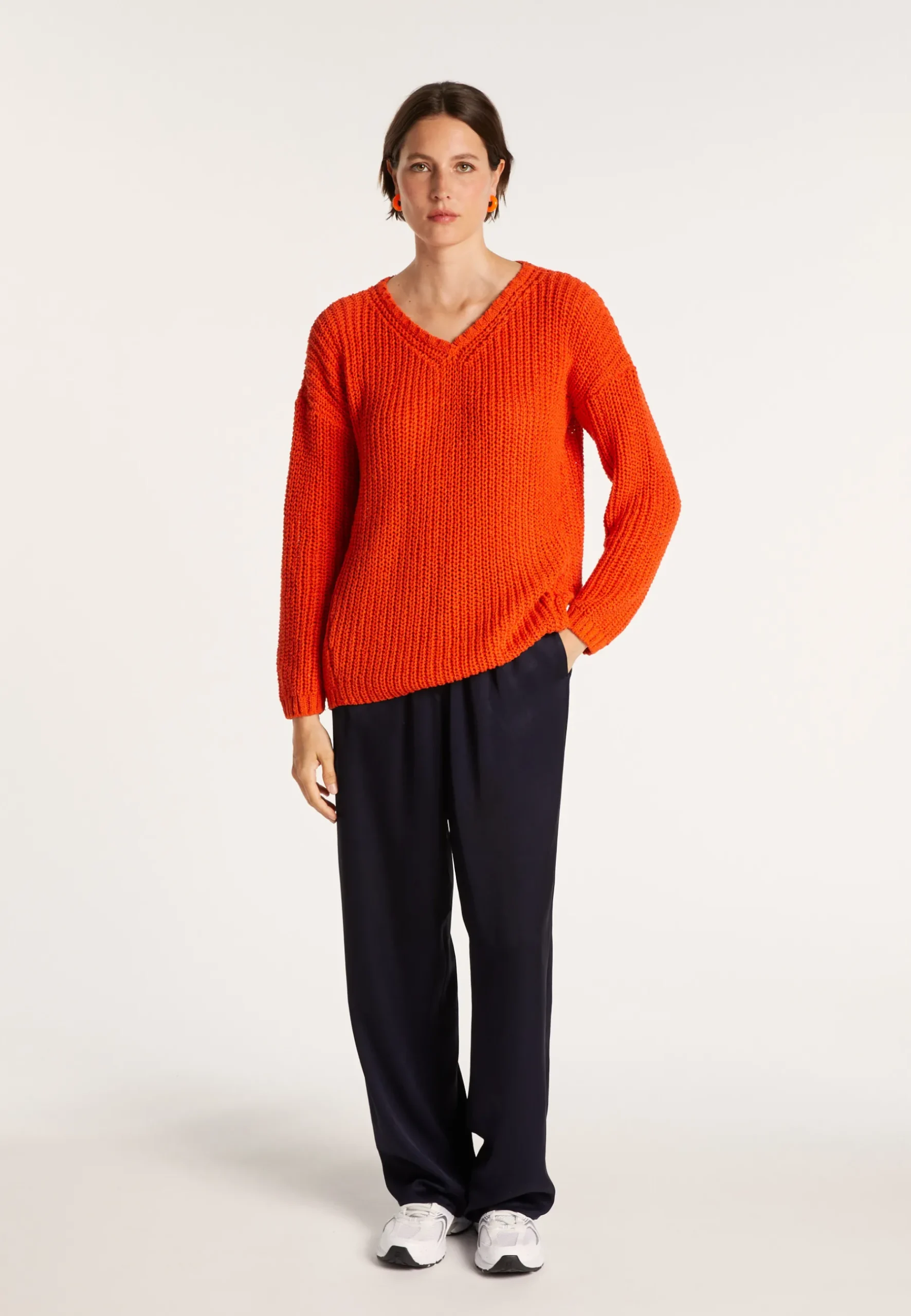 Montagut Pulls-Pull col V en maille côtelée - Bulle 15-Orange