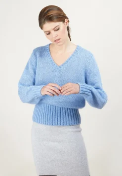 Montagut Pulls-Pull col V en mohair - Gracy 04-Bleu clair
