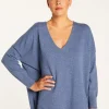 Montagut Les Incontournables-Pull col V oversize en cachemire - Apolline 95-Bleu denim