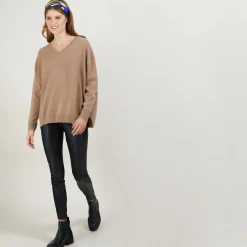 Montagut Les Incontournables-Pull en cachemire col V avec fentes - Brendao 46-Marron clair