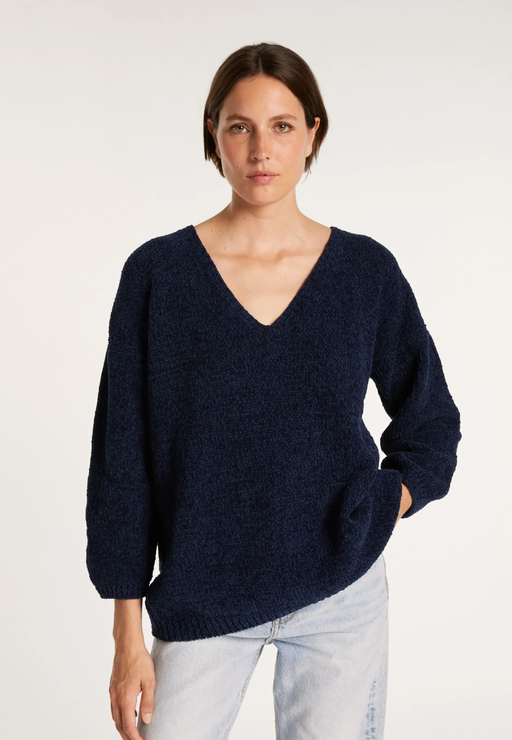 Montagut Pulls-Pull en velours de coton grand col V - Mariette 05-Bleu marine