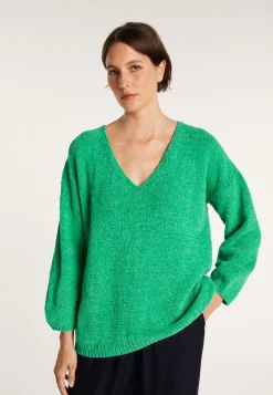 Montagut Pulls-Pull en velours de coton grand col V - Mariette 21-Vert foncé