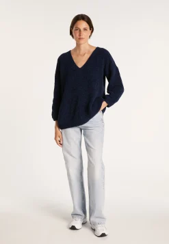 Montagut Pulls-Pull en velours de coton grand col V - Mariette 05-Bleu marine