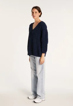 Montagut Pulls-Pull en velours de coton grand col V - Mariette 05-Bleu marine