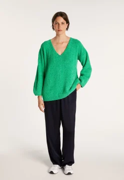 Montagut Pulls-Pull en velours de coton grand col V - Mariette 21-Vert foncé