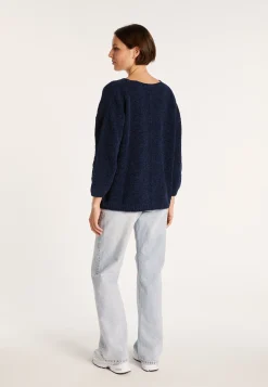 Montagut Pulls-Pull en velours de coton grand col V - Mariette 05-Bleu marine