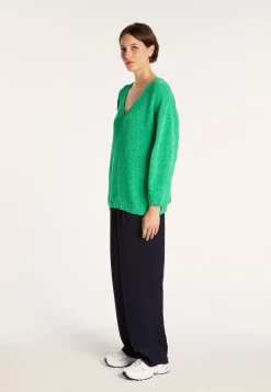 Montagut Pulls-Pull en velours de coton grand col V - Mariette 21-Vert foncé