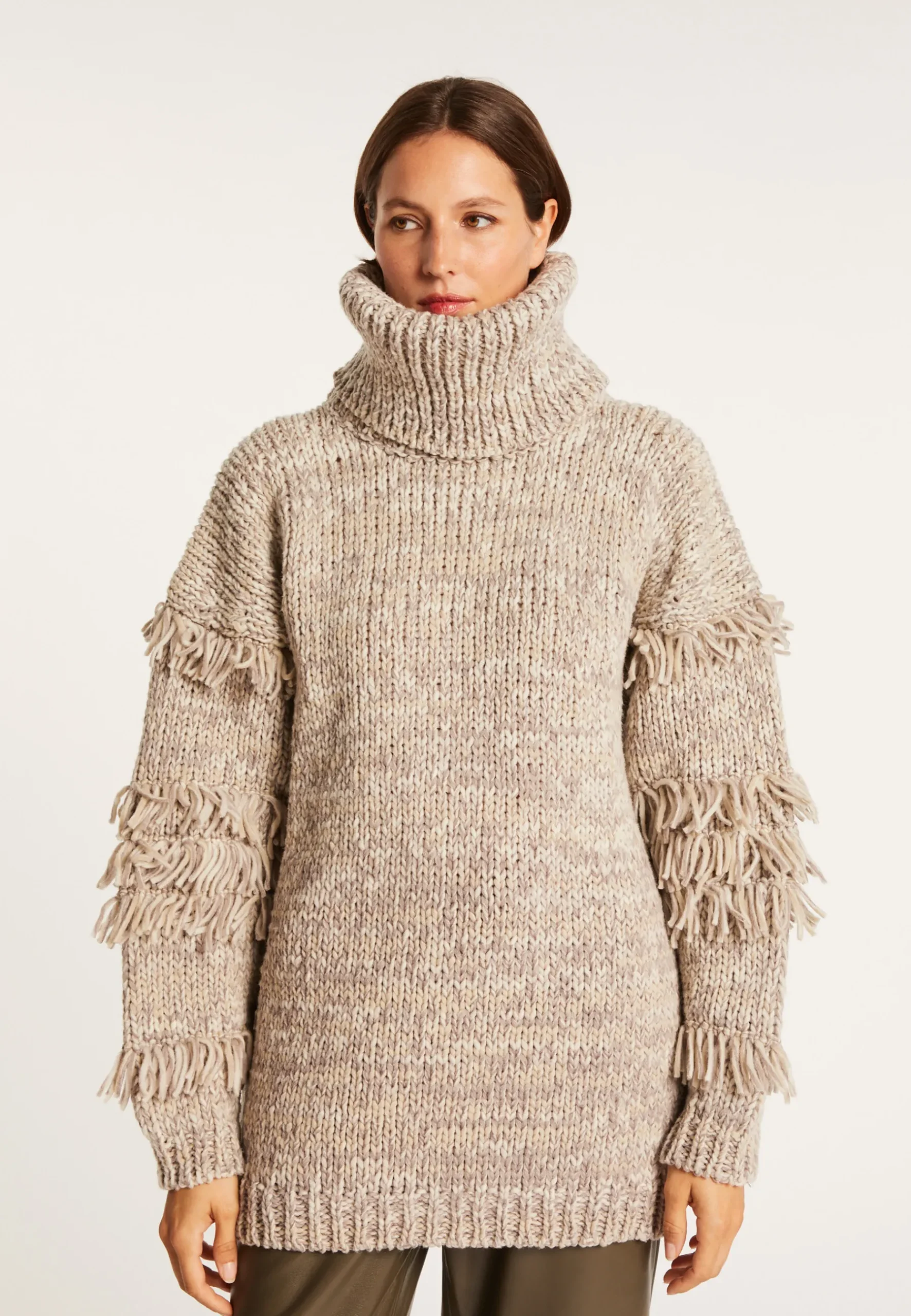 Montagut Pulls-Pull gros col roulé à franges - Sage 11-Gris clair