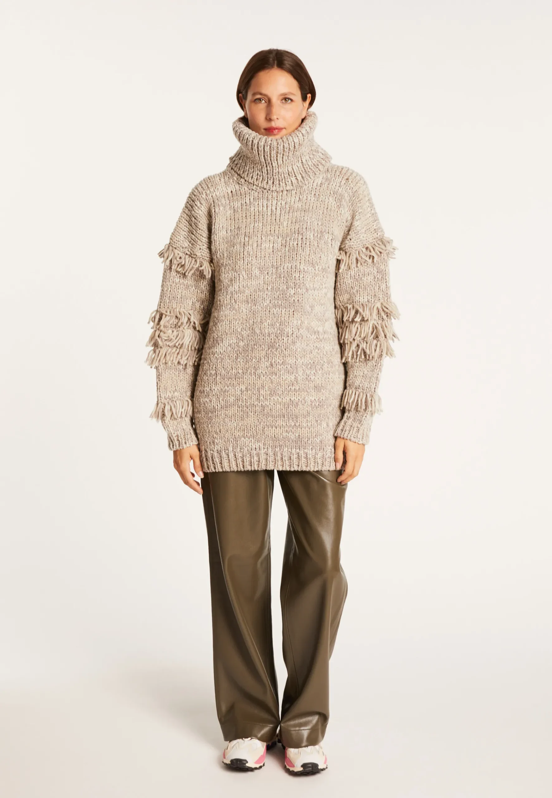 Montagut Pulls-Pull gros col roulé à franges - Sage 11-Gris clair