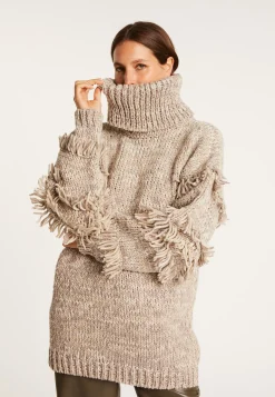 Montagut Pulls-Pull gros col roulé à franges - Sage 11-Gris clair