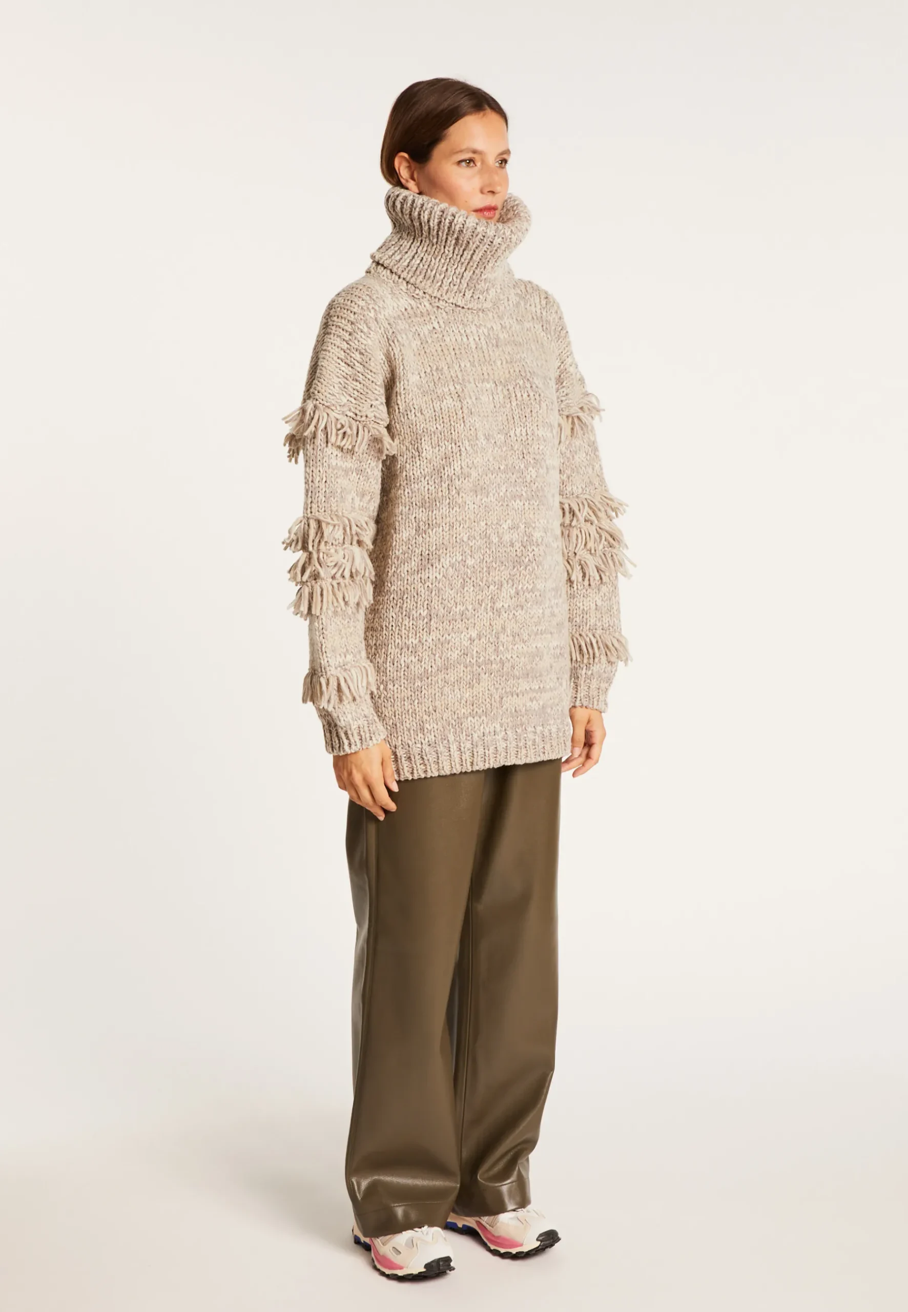 Montagut Pulls-Pull gros col roulé à franges - Sage 11-Gris clair