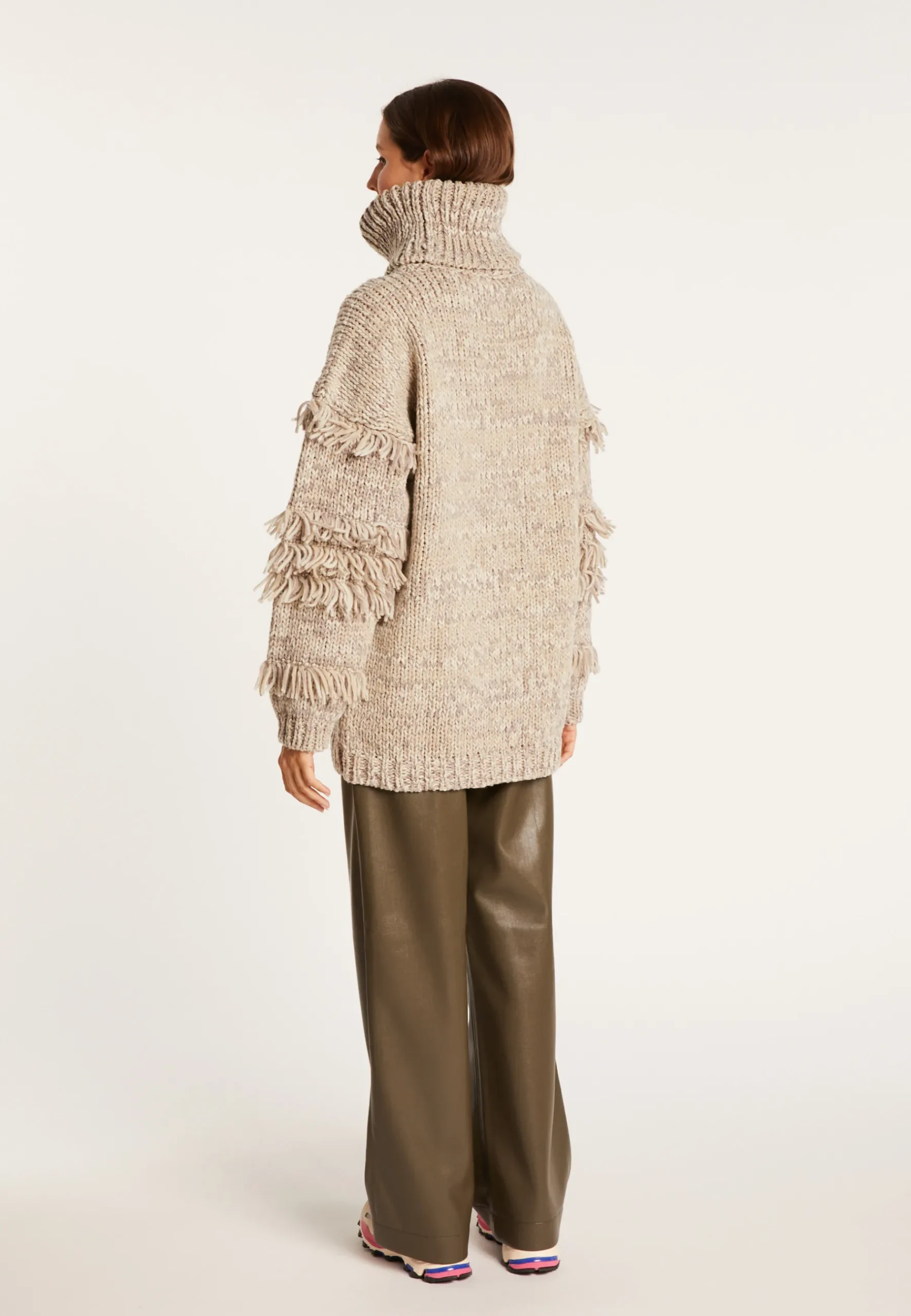 Montagut Pulls-Pull gros col roulé à franges - Sage 11-Gris clair