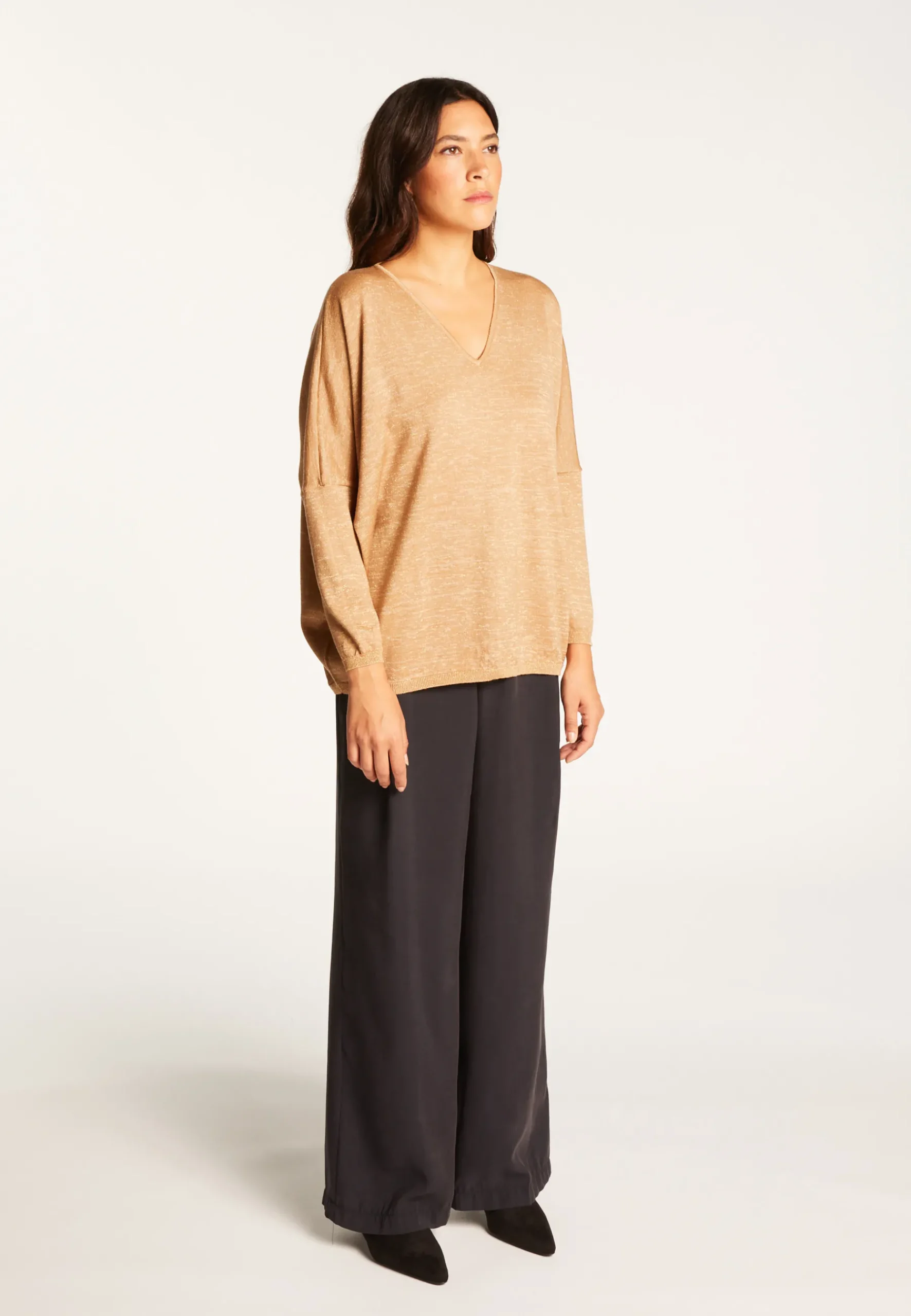Montagut Pulls-Pull manches chauve-souris en laine et lurex - Boxe Lux 88-Camel
