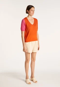 Montagut Pulls-Pull manches courtes laine bicolore col V - Jackie 15-Orange