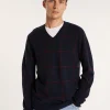 Montagut Pulls-Pull quadrillé col V en cachemire - Arturo 05-Bleu marine