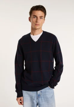 Montagut Pulls-Pull quadrillé col V en cachemire - Arturo 05-Bleu marine