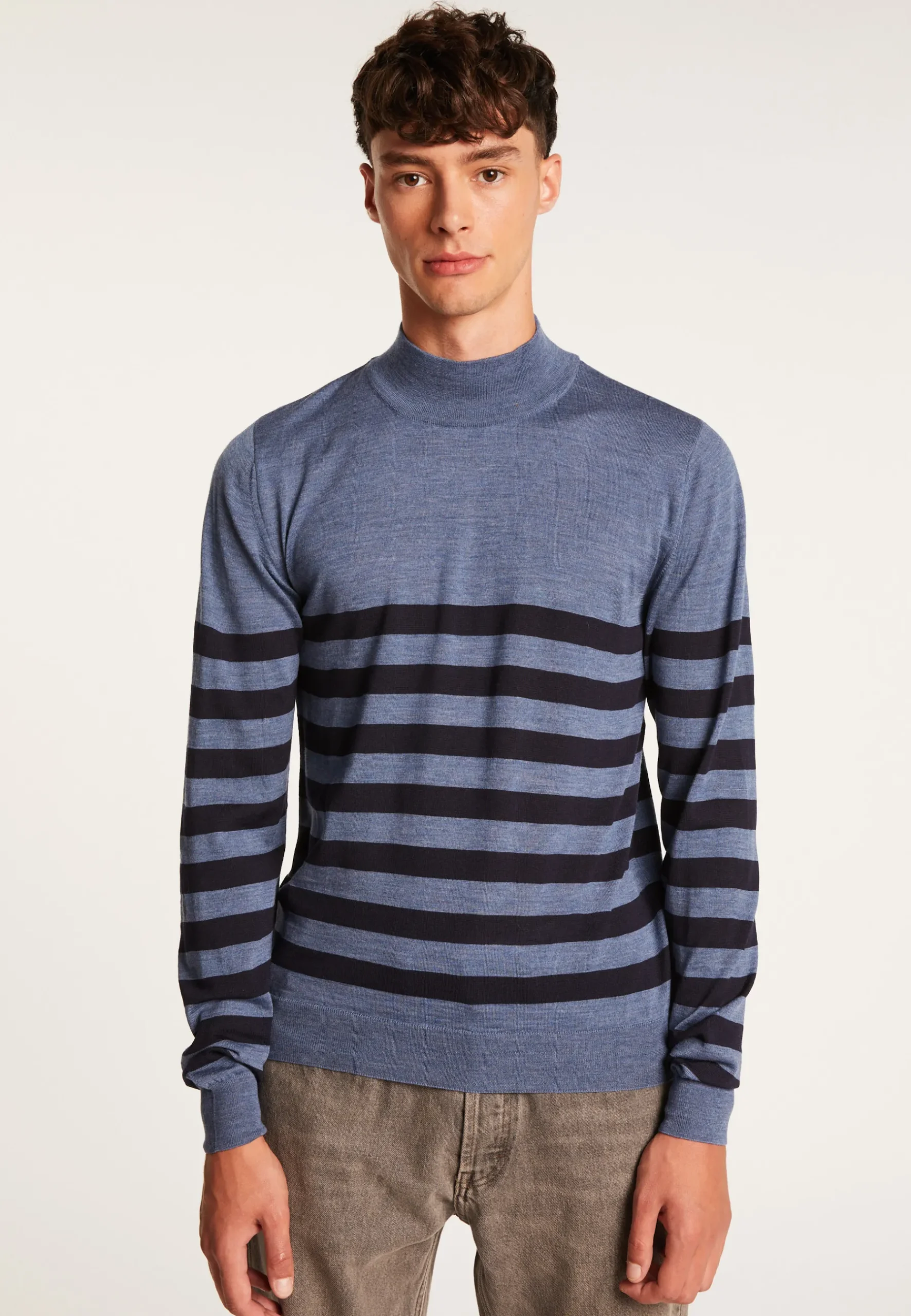 Montagut Pulls-Pull rayé col montant en laine - Lazaar 05-Bleu marine