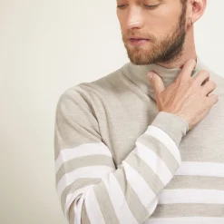 Montagut Pulls-Pull rayé col montant en laine - Lazaar 13-Beige moyen