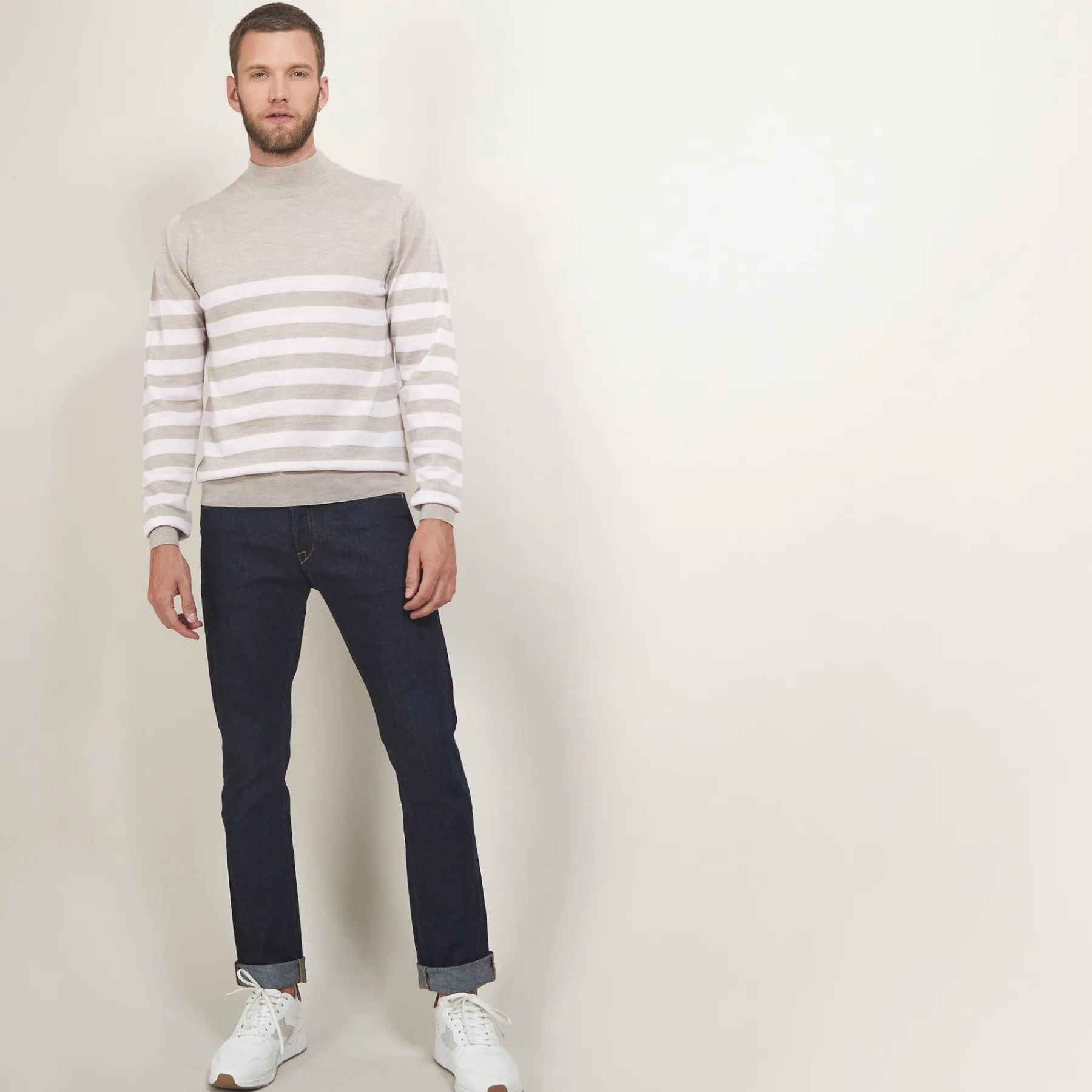 Montagut Pulls-Pull rayé col montant en laine - Lazaar 13-Beige moyen