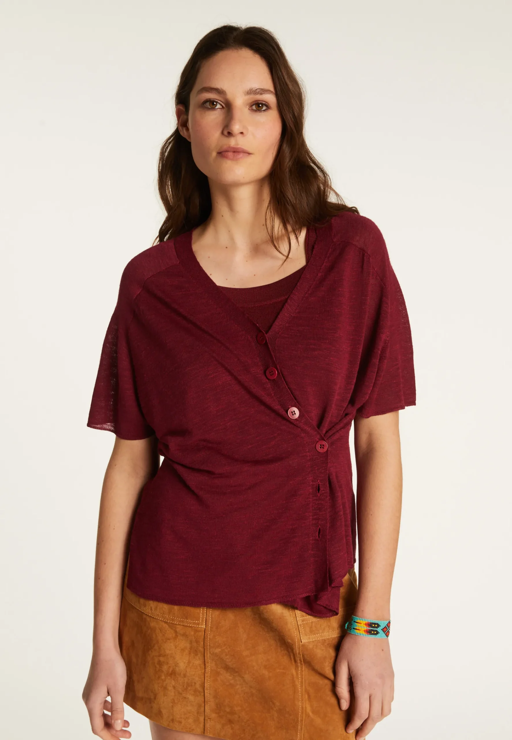 Montagut T-Shirts Et Débardeurs-T-shirt à boutons en lin flammé - Lily 51-Bordeaux