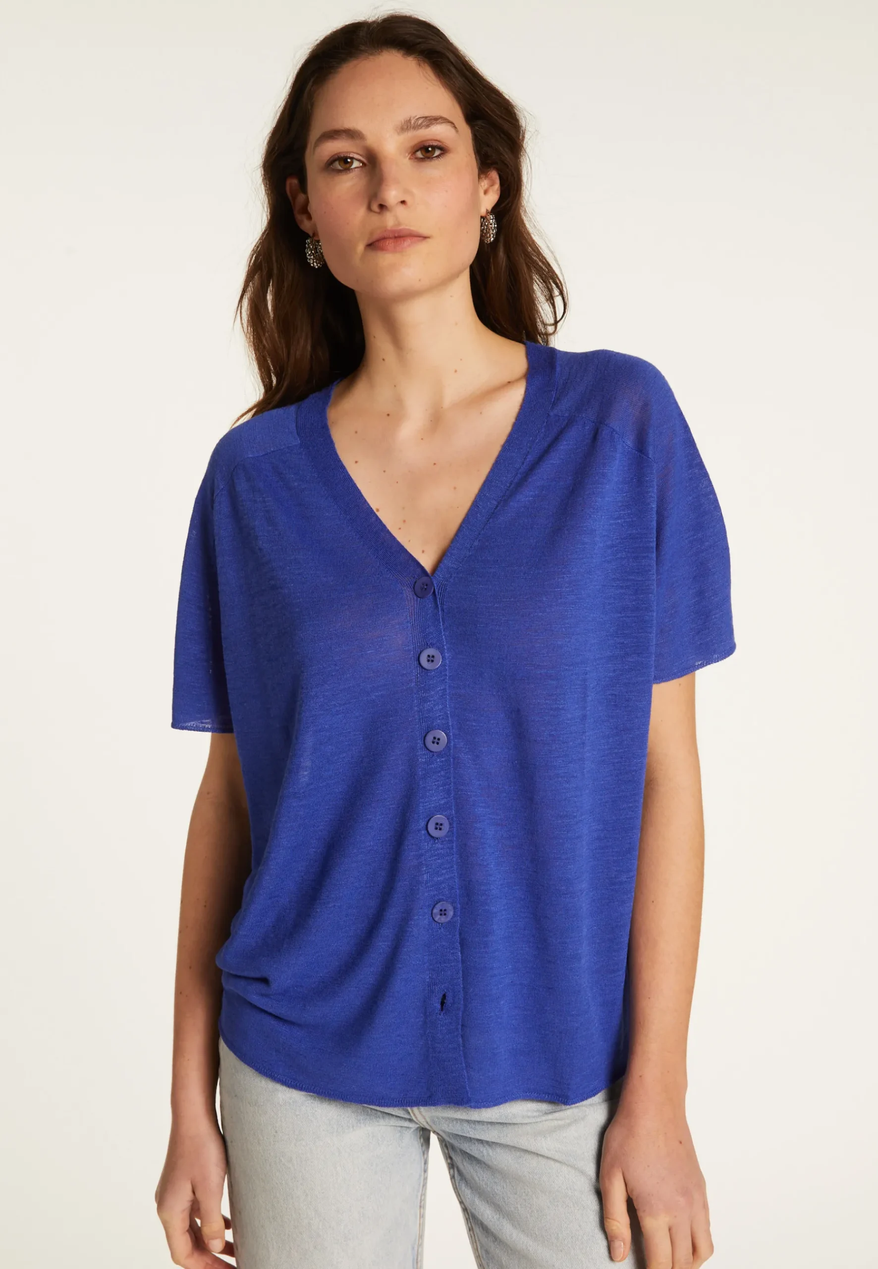 Montagut T-Shirts Et Débardeurs-T-shirt à boutons en lin flammé - Lily 48-Bleu roi