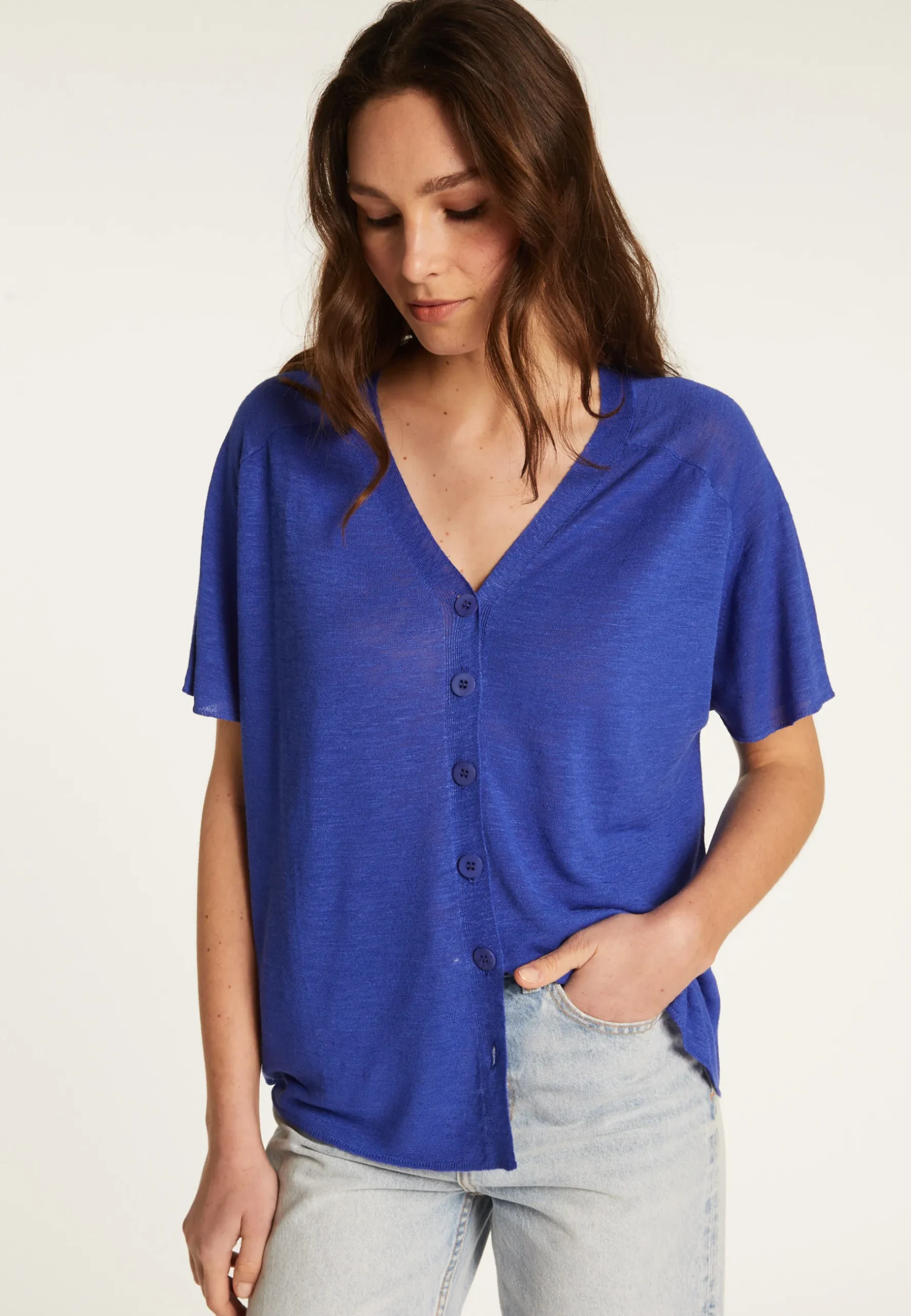 Montagut T-Shirts Et Débardeurs-T-shirt à boutons en lin flammé - Lily 48-Bleu roi