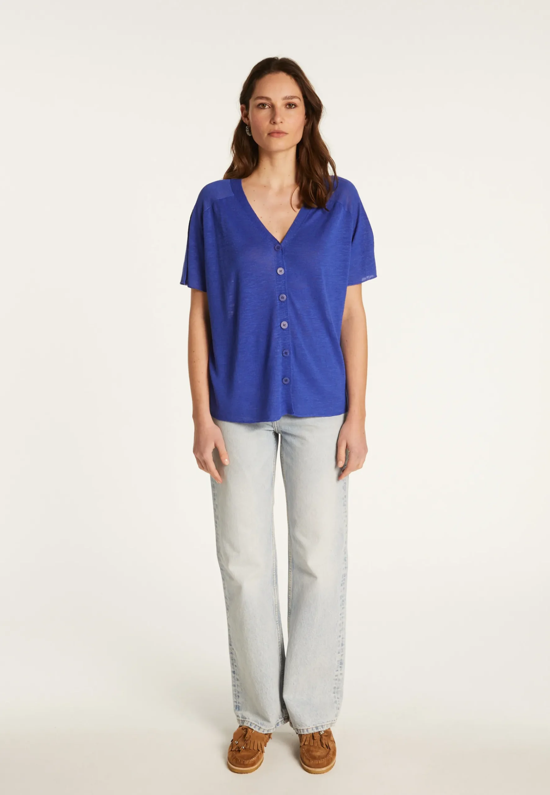 Montagut T-Shirts Et Débardeurs-T-shirt à boutons en lin flammé - Lily 48-Bleu roi