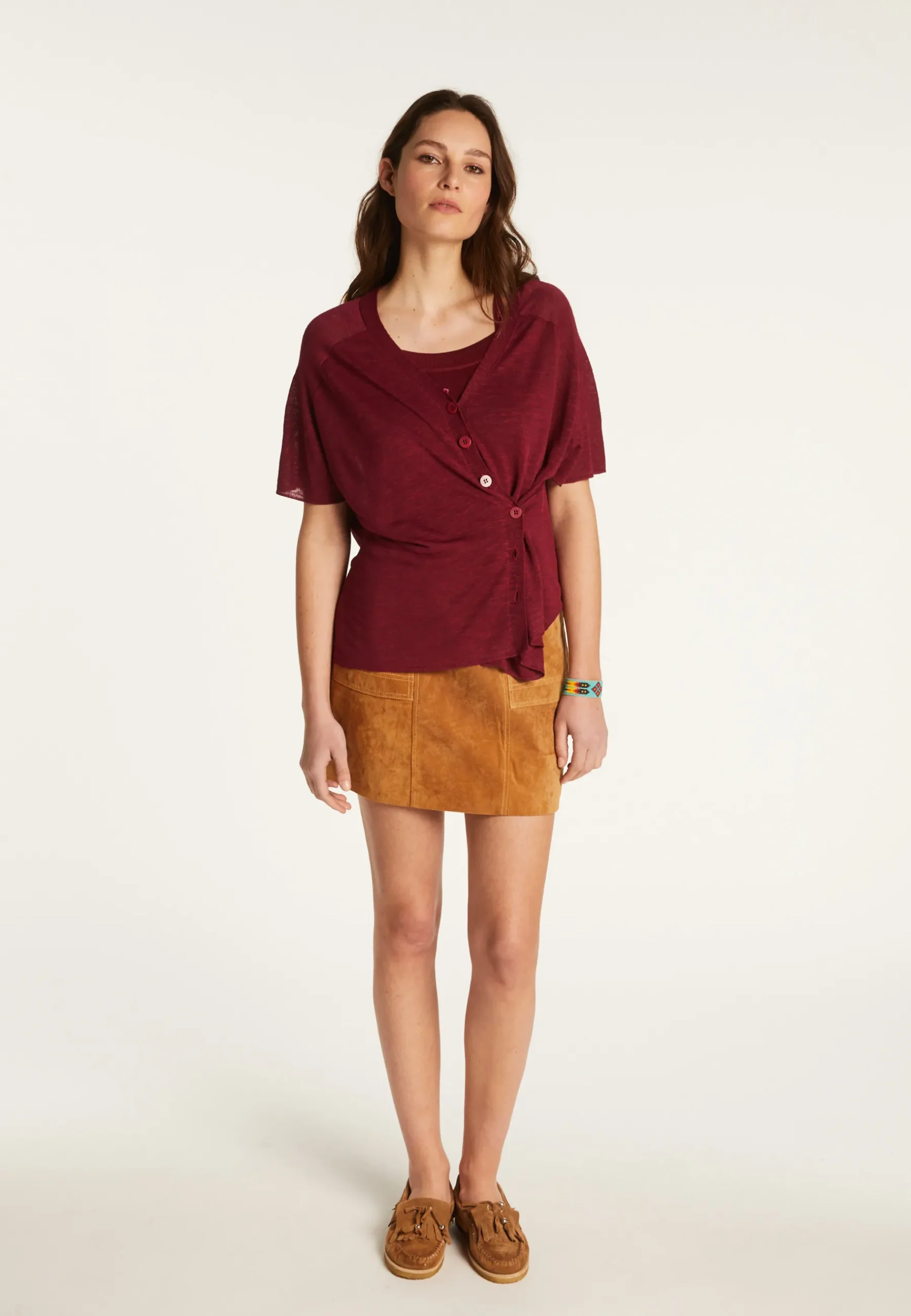 Montagut T-Shirts Et Débardeurs-T-shirt à boutons en lin flammé - Lily 51-Bordeaux