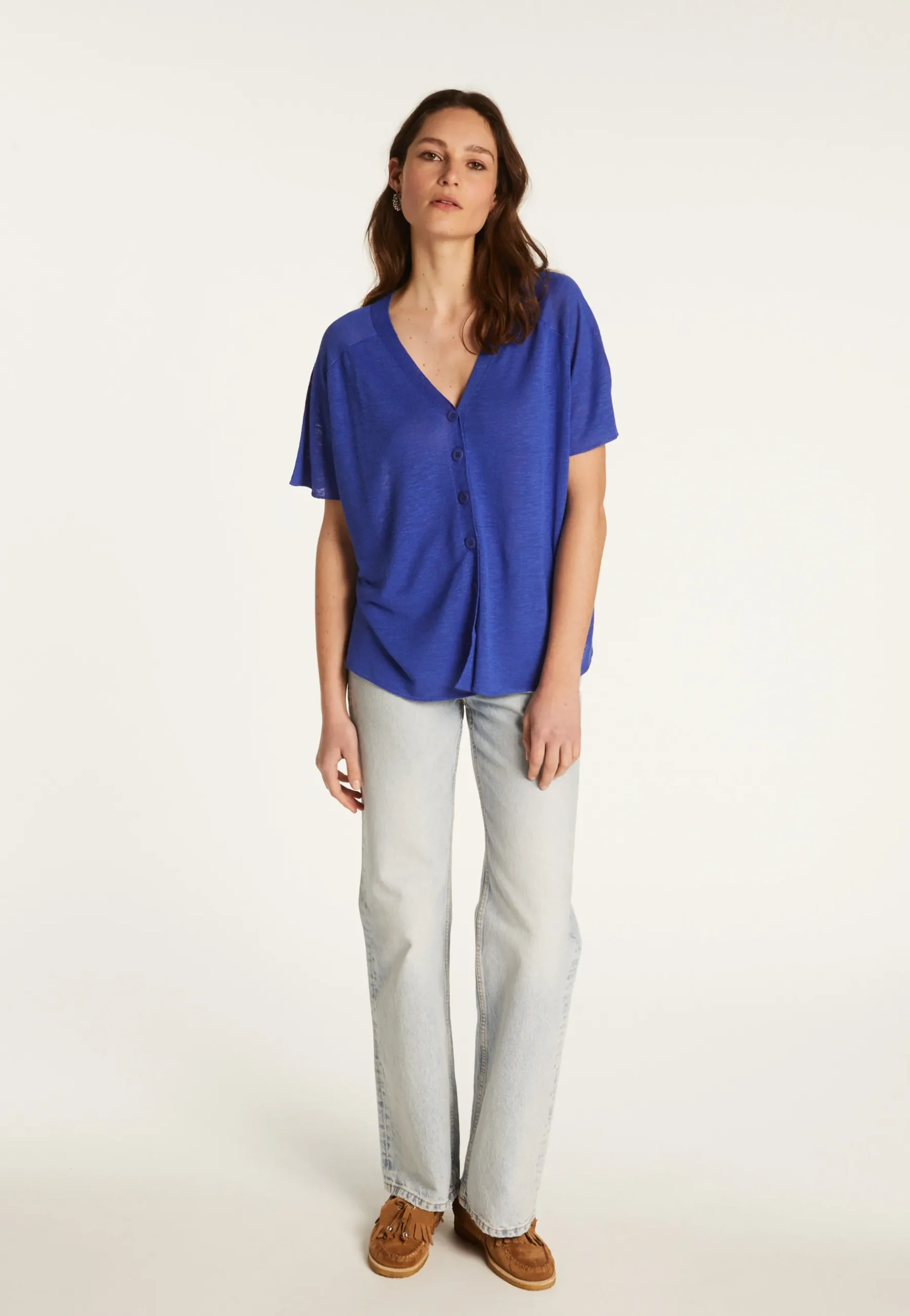 Montagut T-Shirts Et Débardeurs-T-shirt à boutons en lin flammé - Lily 48-Bleu roi