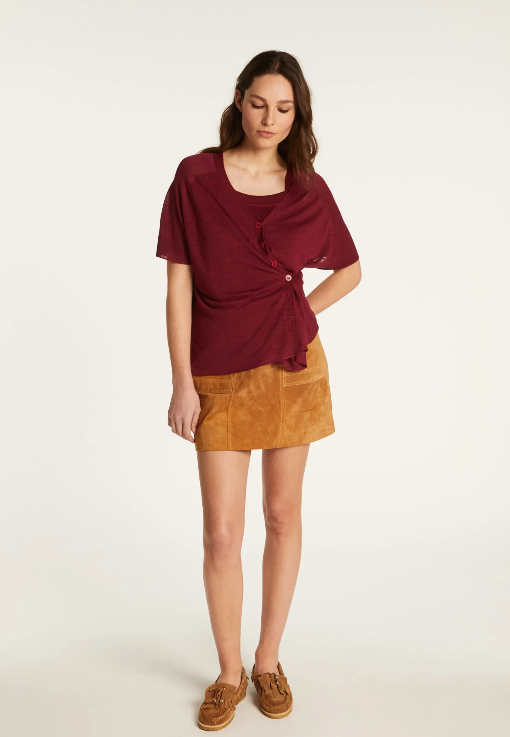 Montagut T-Shirts Et Débardeurs-T-shirt à boutons en lin flammé - Lily 51-Bordeaux