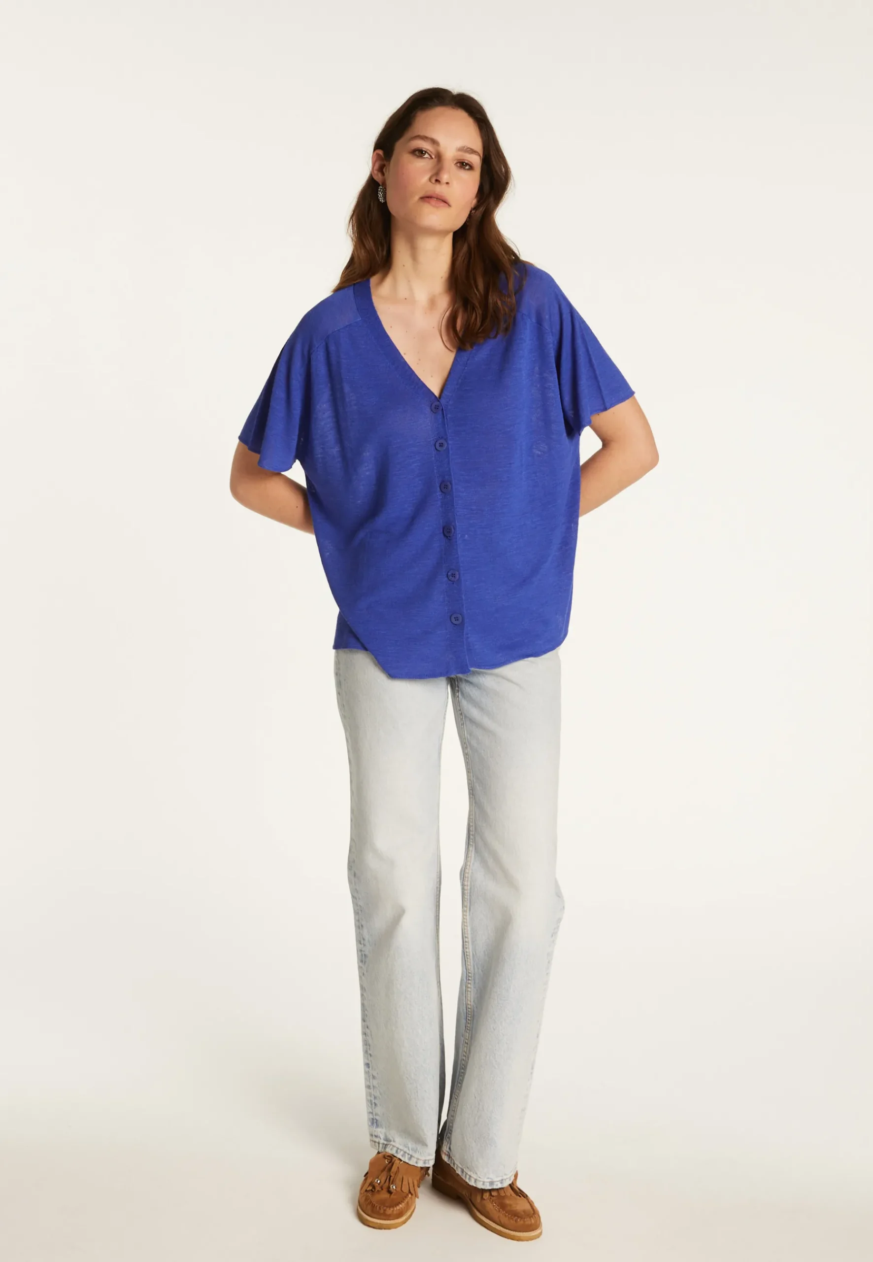 Montagut T-Shirts Et Débardeurs-T-shirt à boutons en lin flammé - Lily 48-Bleu roi