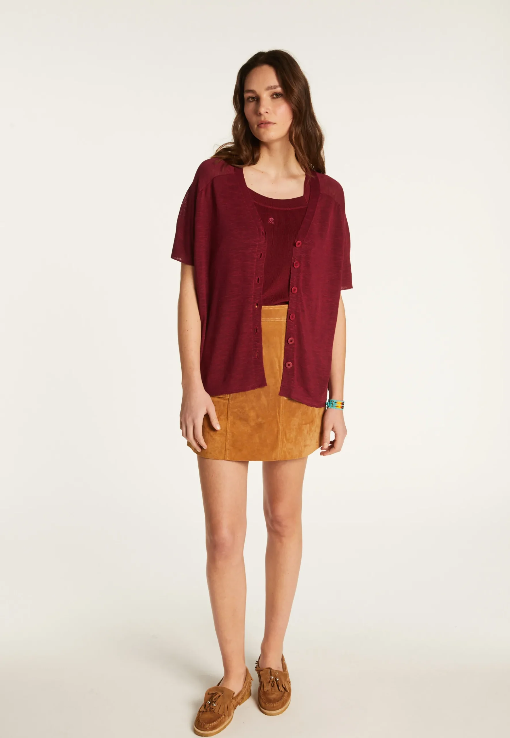 Montagut T-Shirts Et Débardeurs-T-shirt à boutons en lin flammé - Lily 51-Bordeaux