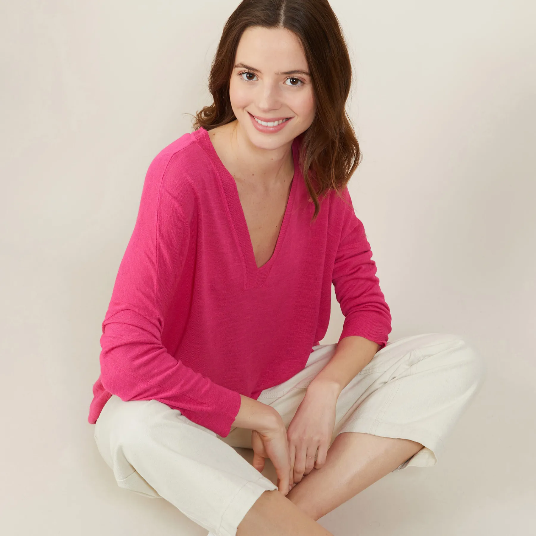 Montagut T-Shirts Et Débardeurs | Pulls-T-shirt ample col v en lin flammé - Beja 91-Fuchsia