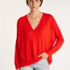 Montagut T-Shirts Et Débardeurs | Pulls-T-shirt ample col v en lin flammé - Beja 52-Rouge