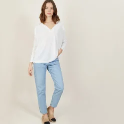 Montagut T-Shirts Et Débardeurs | Pulls-T-shirt ample col v en lin flammé - Beja 02-Blanc