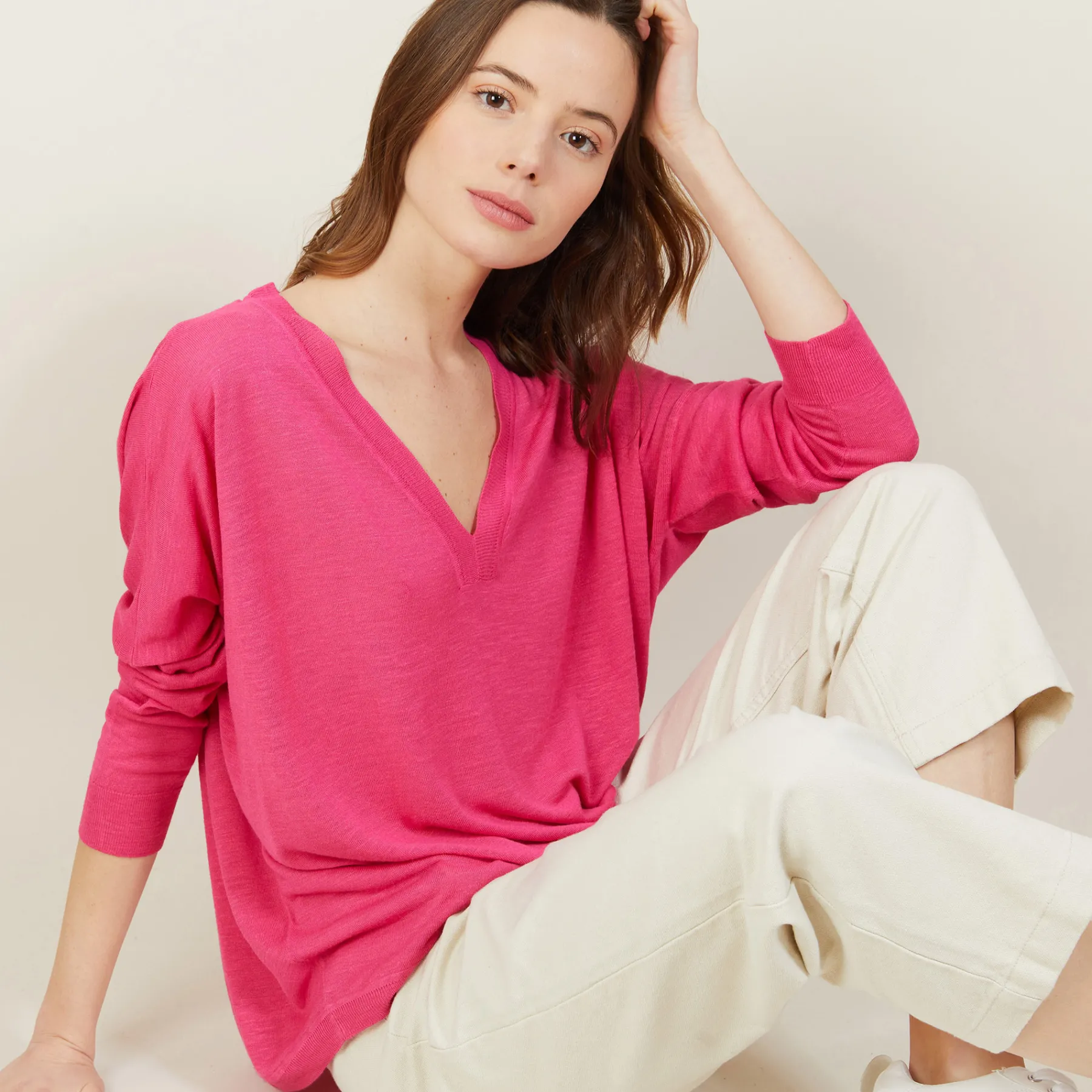 Montagut T-Shirts Et Débardeurs | Pulls-T-shirt ample col v en lin flammé - Beja 91-Fuchsia