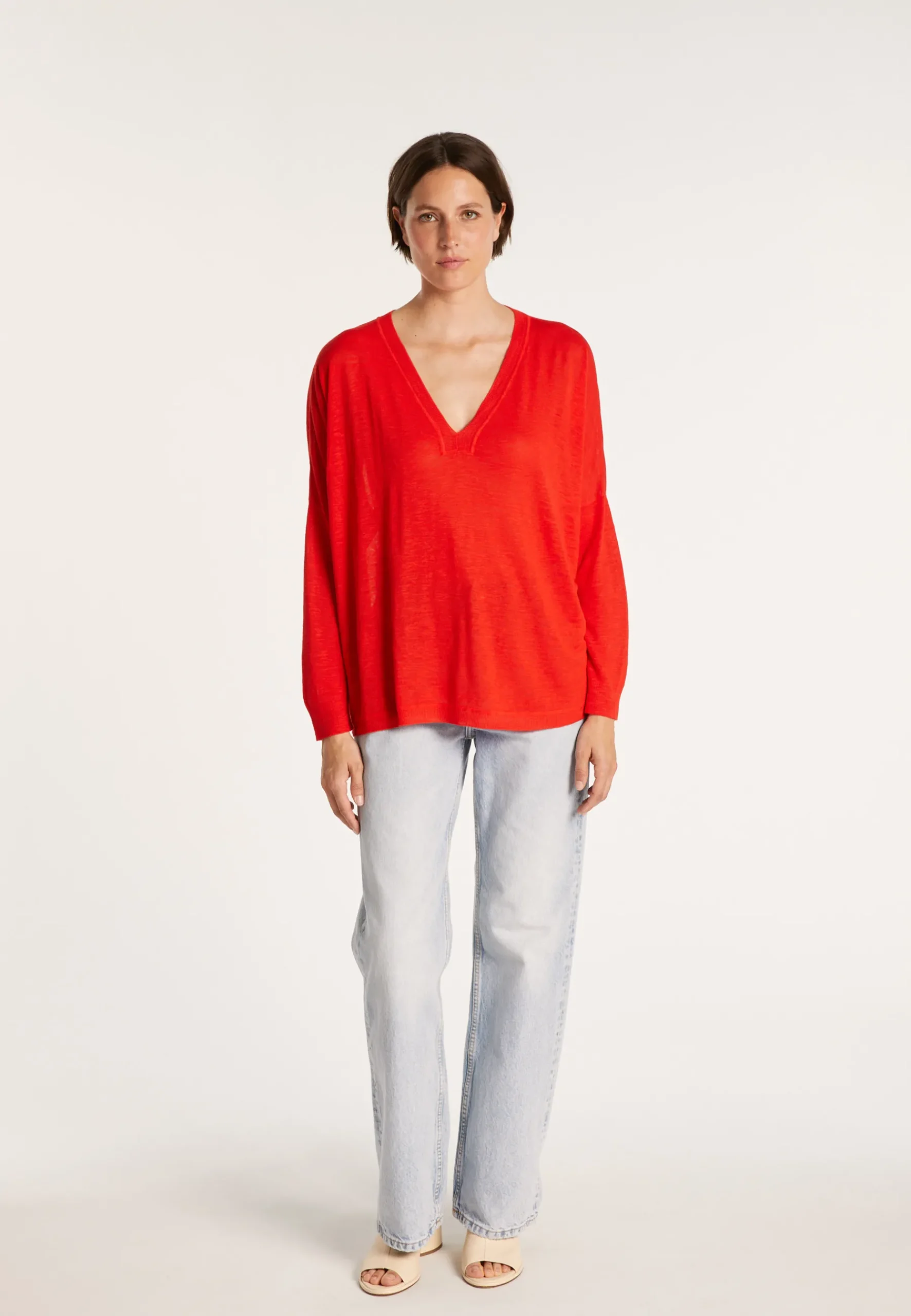 Montagut T-Shirts Et Débardeurs | Pulls-T-shirt ample col v en lin flammé - Beja 52-Rouge