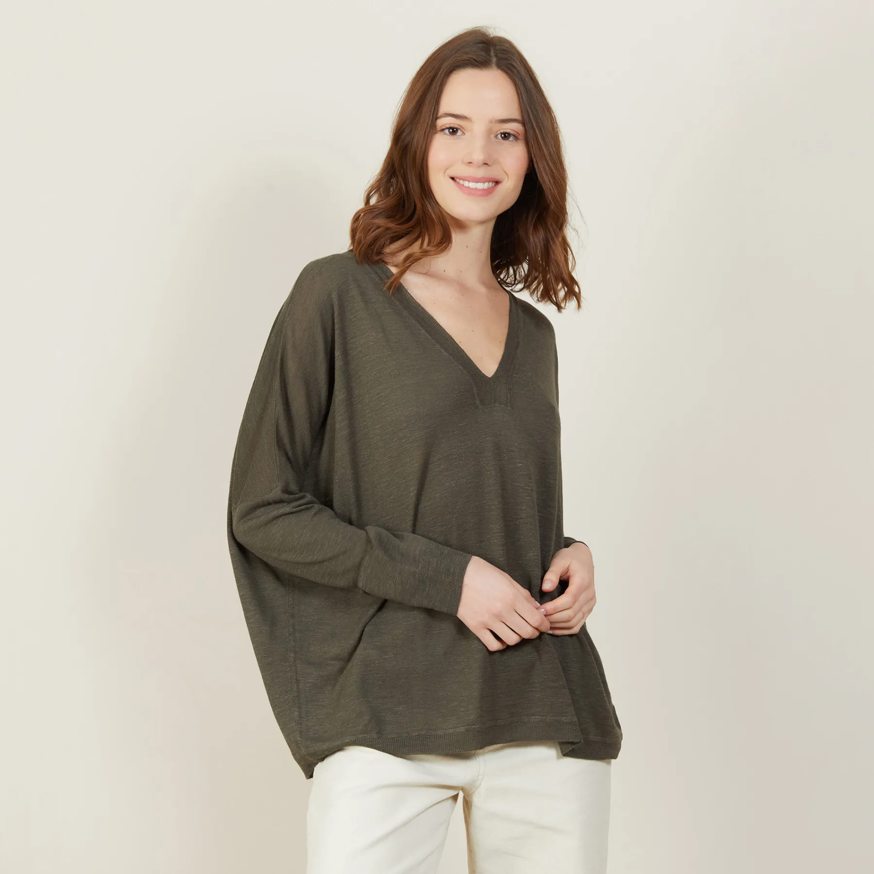 Montagut T-Shirts Et Débardeurs-T-shirt ample col v en lin flammé - Beja 83-Kaki