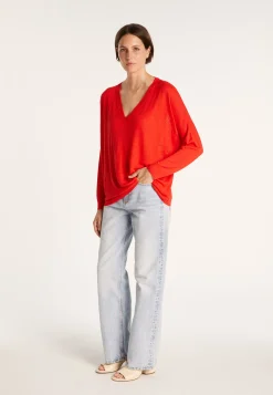 Montagut T-Shirts Et Débardeurs | Pulls-T-shirt ample col v en lin flammé - Beja 52-Rouge
