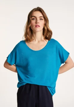 Montagut T-Shirts Et Débardeurs-T-shirt col rond en lin flammé - Loli 49-Turquoise