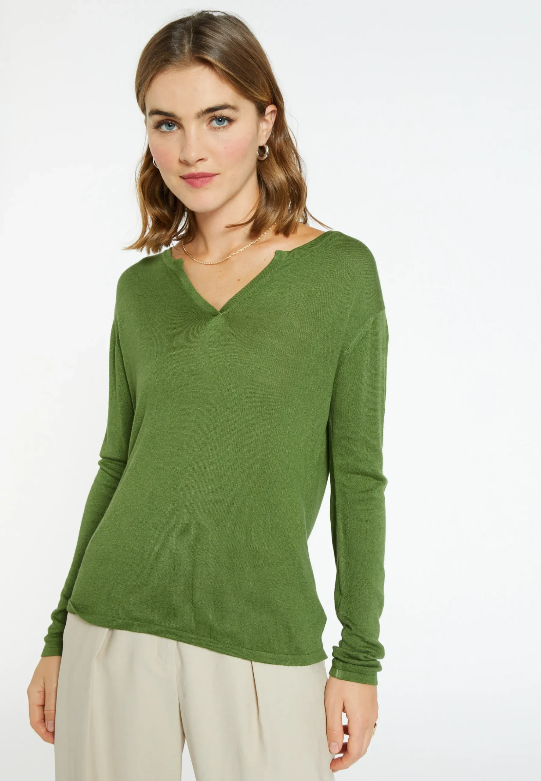 Montagut Les Incontournables-T-shirt col tunisien en fibre de bambou cachemire - Aesha 83-Kaki