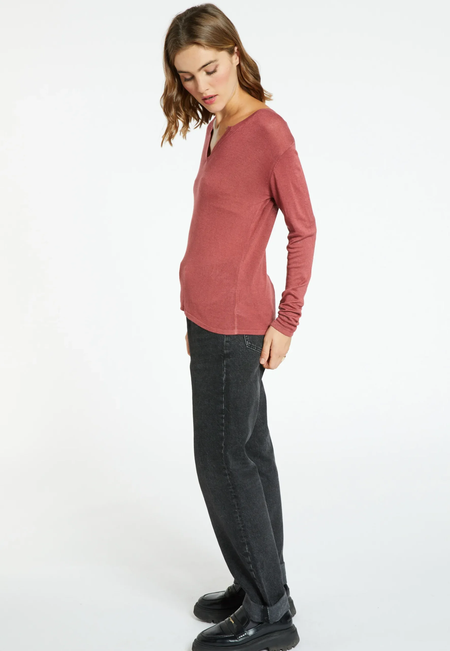 Montagut Les Incontournables-T-shirt col tunisien en fibre de bambou cachemire - Aesha 51-Bordeaux