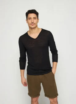 Montagut Polos Et T-Shirts-T-shirt col tunisien en lin flammé - Blayne 01-Noir