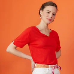 Montagut T-Shirts Et Débardeurs-T-shirt col tunisien en lin flammé - Boheme 52-Rouge