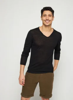 Montagut Polos Et T-Shirts-T-shirt col tunisien en lin flammé - Blayne 01-Noir